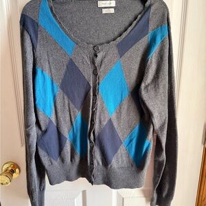 Women's Van Heusen Button Up Sweater Cardigan Gray and Blue Argyle Size LG